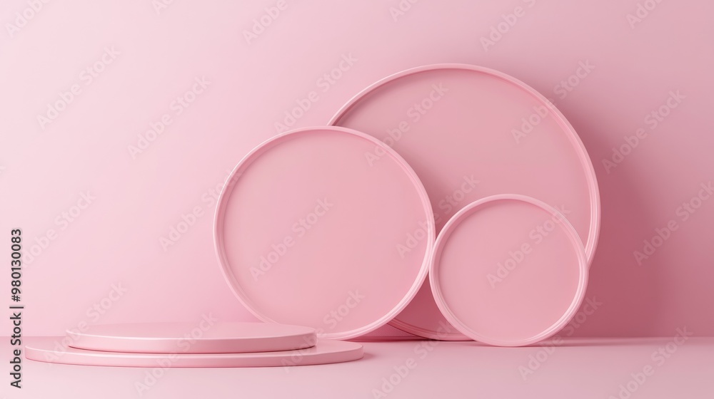 Poster 3d rendering of monochrome pink round plates as a product display background suitable for beauty hea