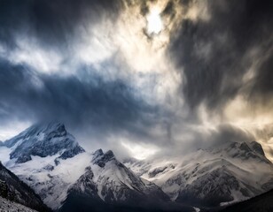 Dramatic snow-capped peaks with storm clouds gathering above, creating a powerful winter scene