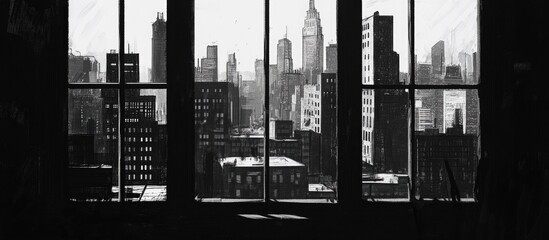 Monochrome depiction of city buildings seen through a window