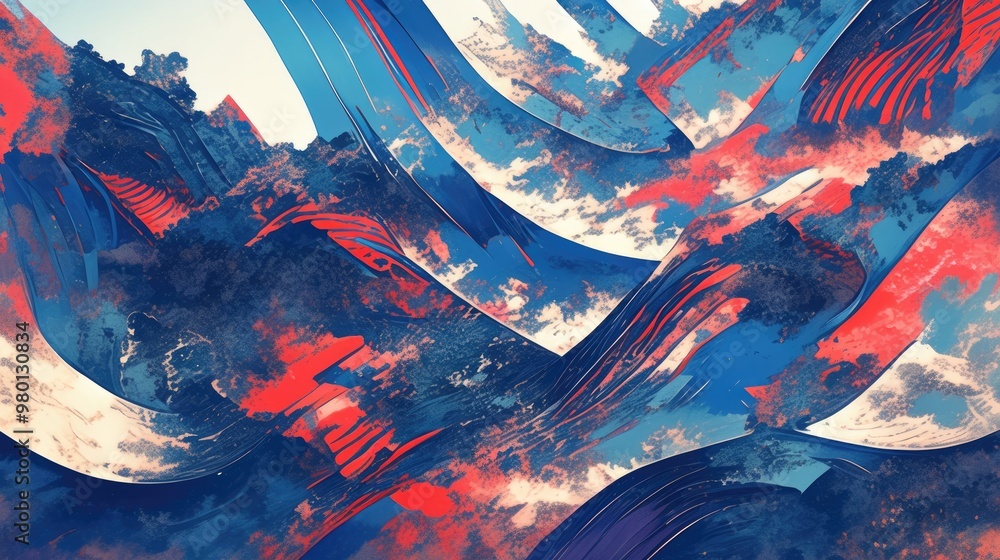Poster abstract design featuring red and blue wave patterns on a textured background