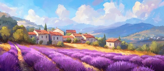 Vibrant painting of a landscape featuring a purple lavender field and quaint old houses in a charming village during the blooming season