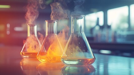 Three Erlenmeyer Flasks with Yellow and Green Liquids and Smoke
