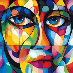 Fototapeta premium Abstract Geometric Portrait of a Woman s Face with Colorful Shapes and Vivid Eyes