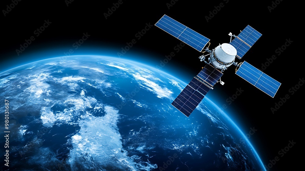 Poster global satellite network over world map providing telecommunication services with copy space for tex