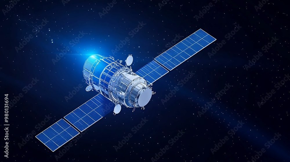 Poster cutting-edge communication satellite transmitting data - concept of telecommunication services with 