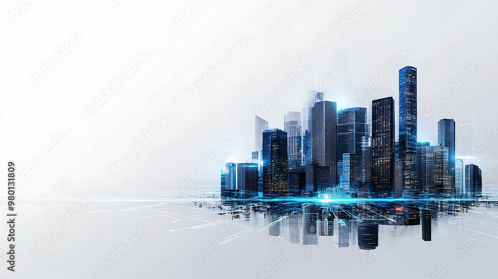 Poster futuristic cityscape with advanced telecommunication network overlay and innovation, copy space for 