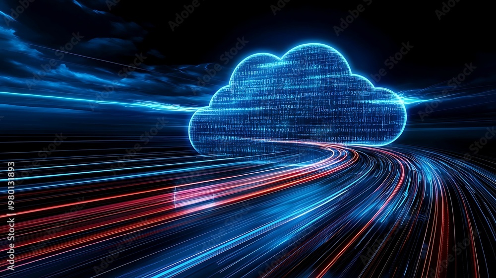 Poster digital connectivity concept: glowing data paths of broadband cloud infrastructure with copy space