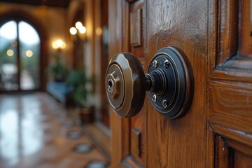 Obraz premium Close up of a magnetic key lock on a wooden door featuring an electronic card access system