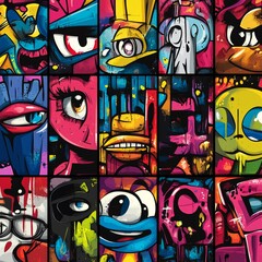 Colorful Graffiti Art with Cartoon Eyes and Faces in Street Art Style
