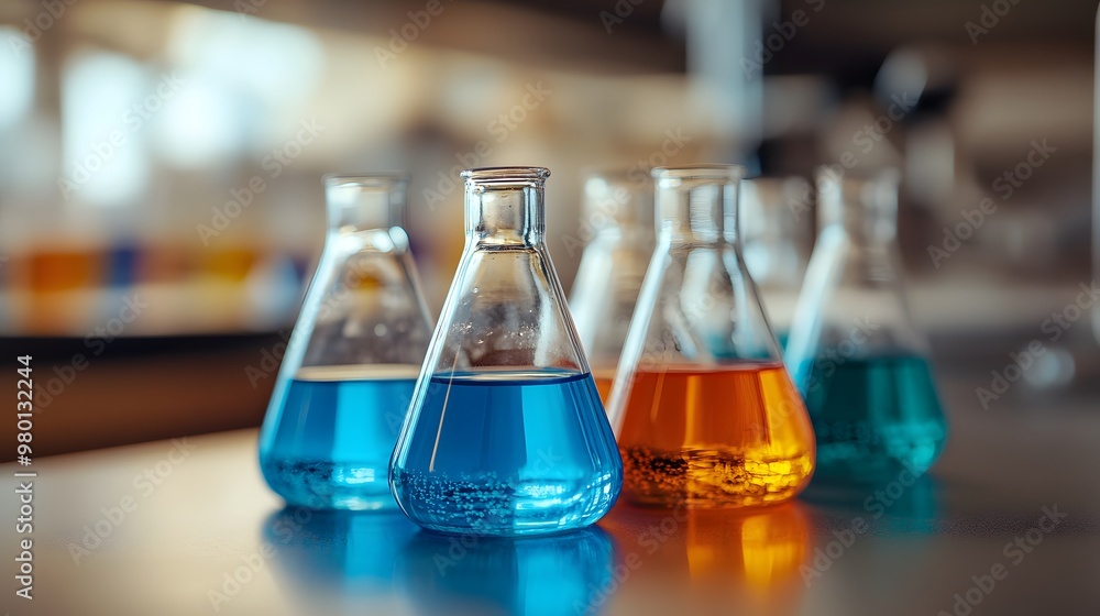 Poster four glass flasks filled with colorful liquids in a laboratory setting