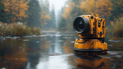 A camera rests on a rock in a serene, foggy landscape.