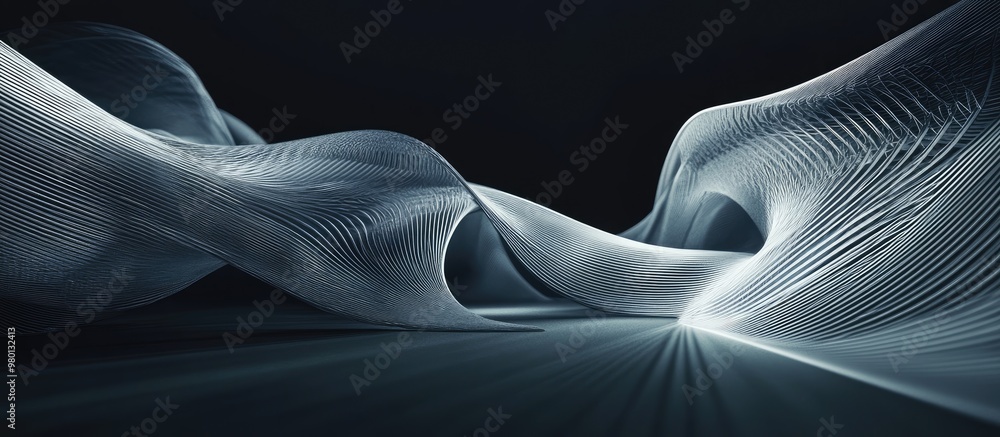Poster abstract 3d rendering of a surreal structure featuring a dark backdrop and lines in an open space pr