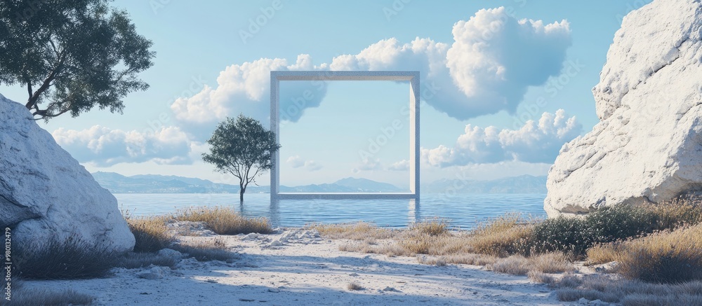 Poster surreal landscape with a frame showcasing unique perspectives and visionary concepts this is a 3d re