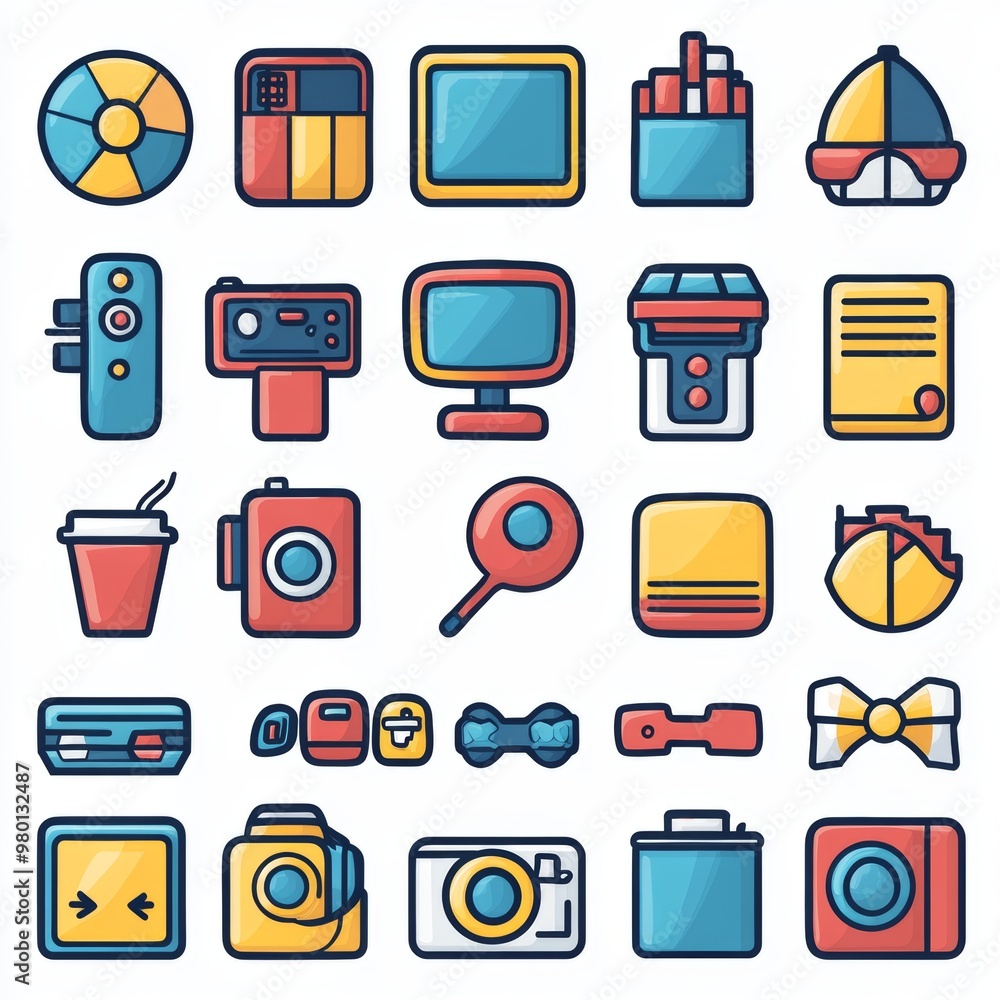 Poster colorful retro ui icons set digital interface design elements