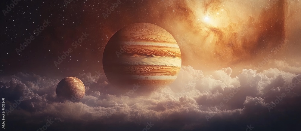 Poster surrealistic 3d rendering of jupiter and its moons europa and io set against a backdrop of clouds st