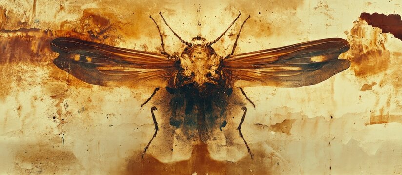 Surreal depiction of an ancient creature or insect created through chemigram techniques to generate abstract psychological visuals using photosensitive materials and chemicals Concept of evolution