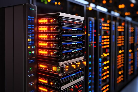 A large server farm under heavy data traffic, with lights indicating high activity and data being processed in real-time
