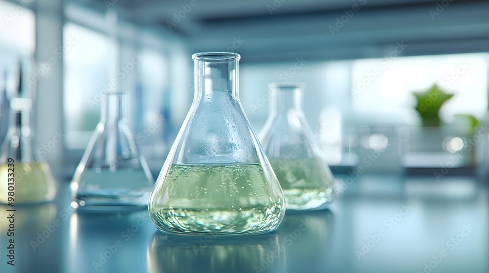 Poster a close-up of a flask filled with a green liquid in a laboratory setting