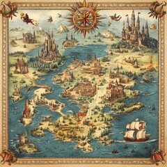 Naklejka premium Hand Drawn Fantasy Map with Castles Mountains and Seas