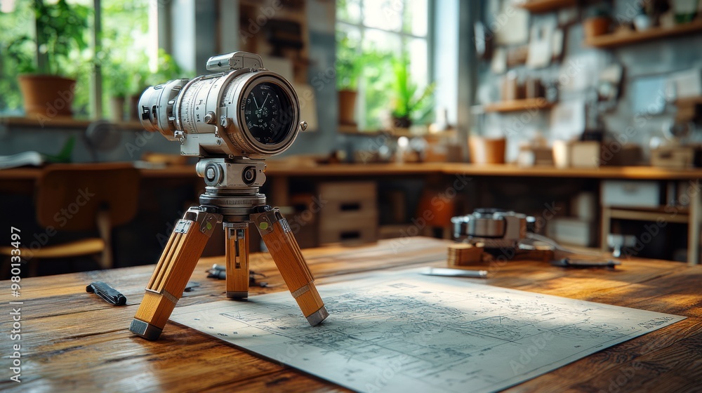 Poster a camera on a wooden table with blueprints in a creative workspace.