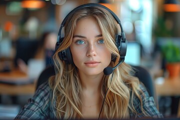 Blonde secretary wearing headphones and microphone typing at office desk, focused on work