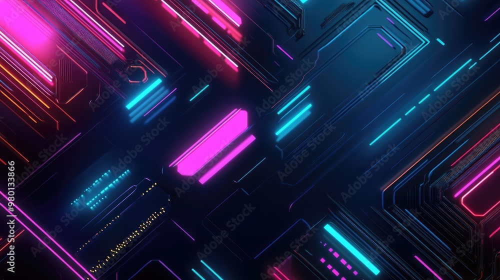 Poster digital neon colorful background with cyan and magenta diagonal lines as technology circuit board on