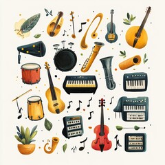 Obraz premium Watercolor Illustration of Musical Instruments and Notes