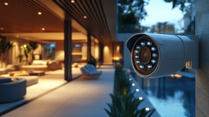 Outdoor security camera overlooking a modern patio and pool area.