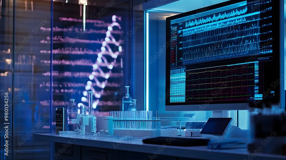 Poster laboratory workstation with data display and glassware