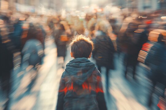 kid lost in nowhere in the crowd, feeling sad concept of being fatherless and motherless in family