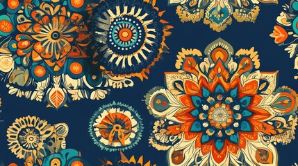Oriental pattern featuring colored mandalas on a blue background with vintage decorative elements and various motifs