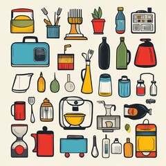 Vintage Kitchen Utensils and Appliances Collection  Hand Drawn Style