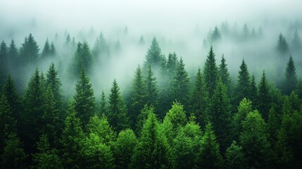 Fototapeta premium Misty Spruce Forest with Tall Trees Disappearing into Fog
