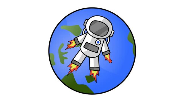 A cute astronaut cartoon character floating on the earth rotates the background animation. Seamless looping. Alpha channel