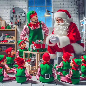 Pap&aacute; Noel platicando con sus duendes dentro de la f&aacute;brica de juguetes 