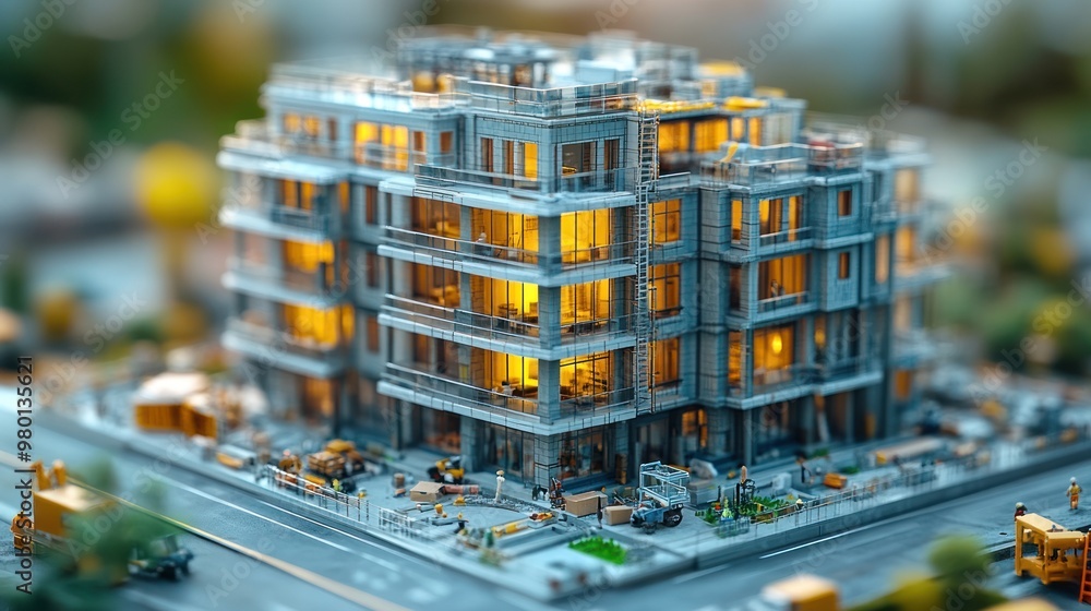Poster detailed model of a modern building with illuminated windows.