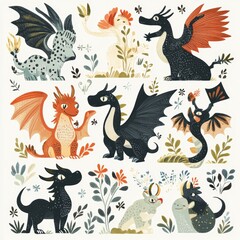 Obraz premium Cute Hand Drawn Dragons Illustration Set