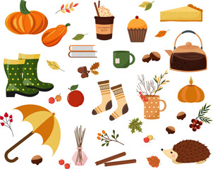 A set of elements in the hygge style. Cozy autumn. Rubber boots and socks, pumpkin pie and cocoa, teapot and cup. Umbrella, autumn plants with leaves and berries. Vector illustration