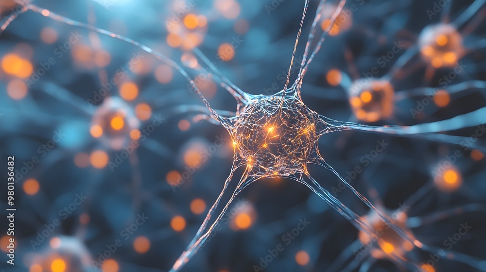 Poster a detailed close-up of a neuron cell with interconnected branches