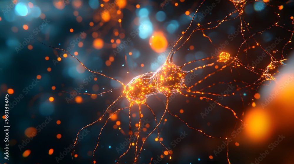 Poster a glowing neuron with interconnected dendrites and axon