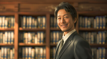 重厚な本棚の前に立つスーツ姿のアジア人の男性