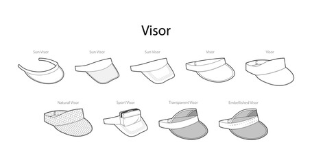 Set of Visor caps with names - Embellished Natural Sport Transparent Sun. Summer Head Fashion accessory hat clothing technical illustration. Vector headgear for Men, women, unisex style, flat template