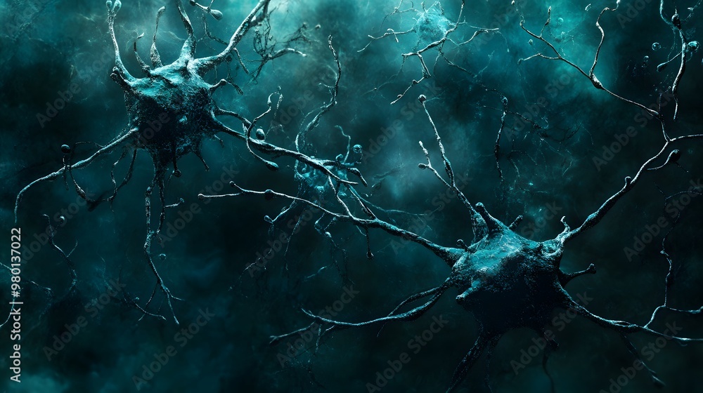 Poster microscopic view of interconnected neurons in a deep blue environment