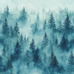 Fototapeta premium Misty Spruce Forest with Tall Trees Disappearing into Fog
