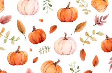 eamless Watercolor Pumpkin Pattern: Enchanting Fall Design with Warm Oranges, Soft Browns, and Gentle Greens Against a White Background.

