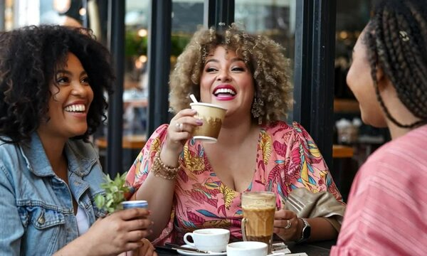 A plus-sized woman with natural curls and makeup, laughing at a caf&eacute; with friends. The scene should show her being happy and confident, celebrating her body and personality in a relaxed setting.