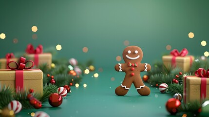 Obraz premium Cute Gingerbread Man and Presents with Free Copy Space on Festive Green Background