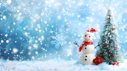 Obraz premium Smiling Snowman and Christmas Tree with Free Copy Space on Snowy Blue Background