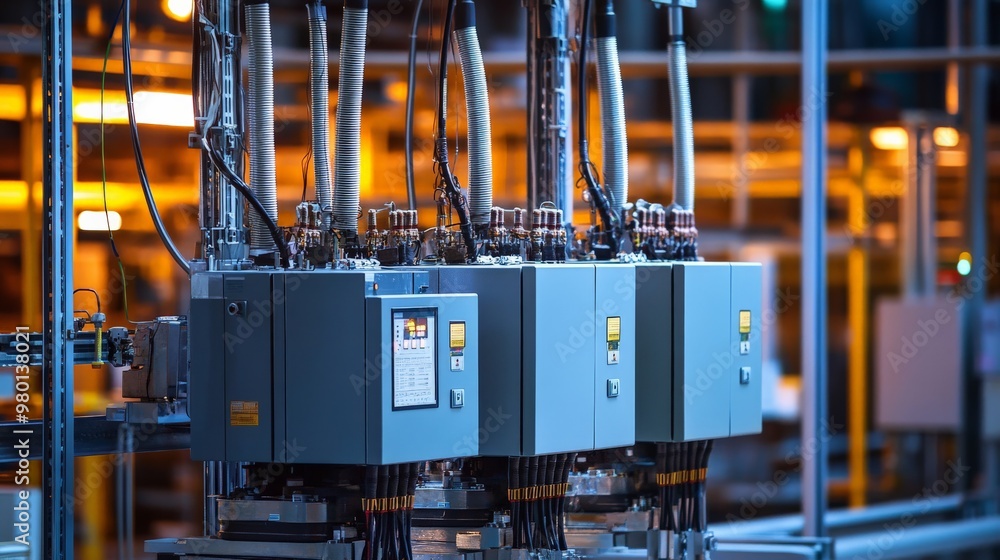 Poster close-up of an industrial control panel with wiring and buttons in a factory setting, showing techno