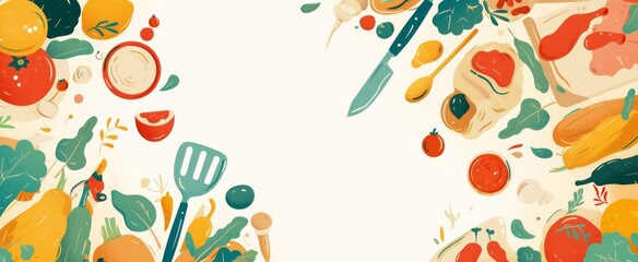 Colorful Chicken Wings and Vegetables Illustration on a White Background: A Playful Minimalist Food Social Media Banner Template